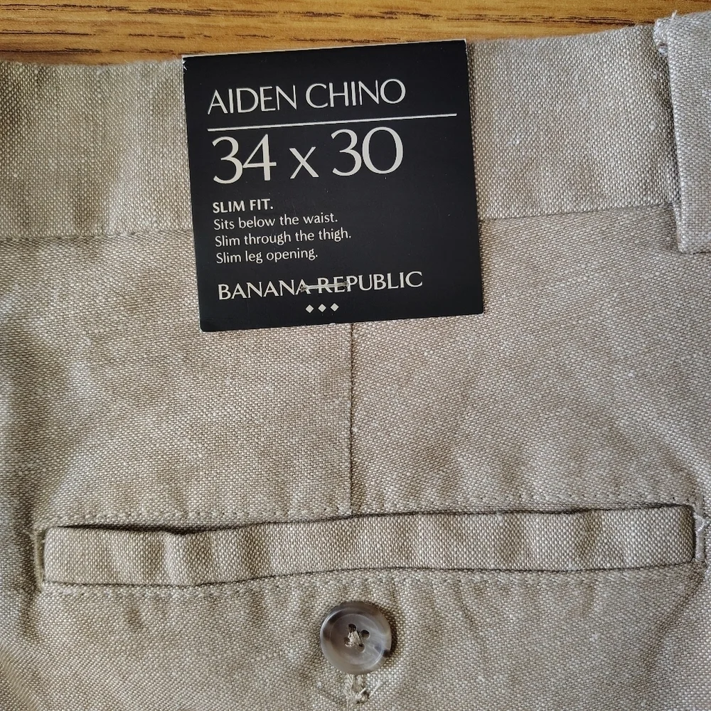 Banana Republic Men's Aiden Chino Slim Leg Linen High Rise Pants sz 34x30, Tan.